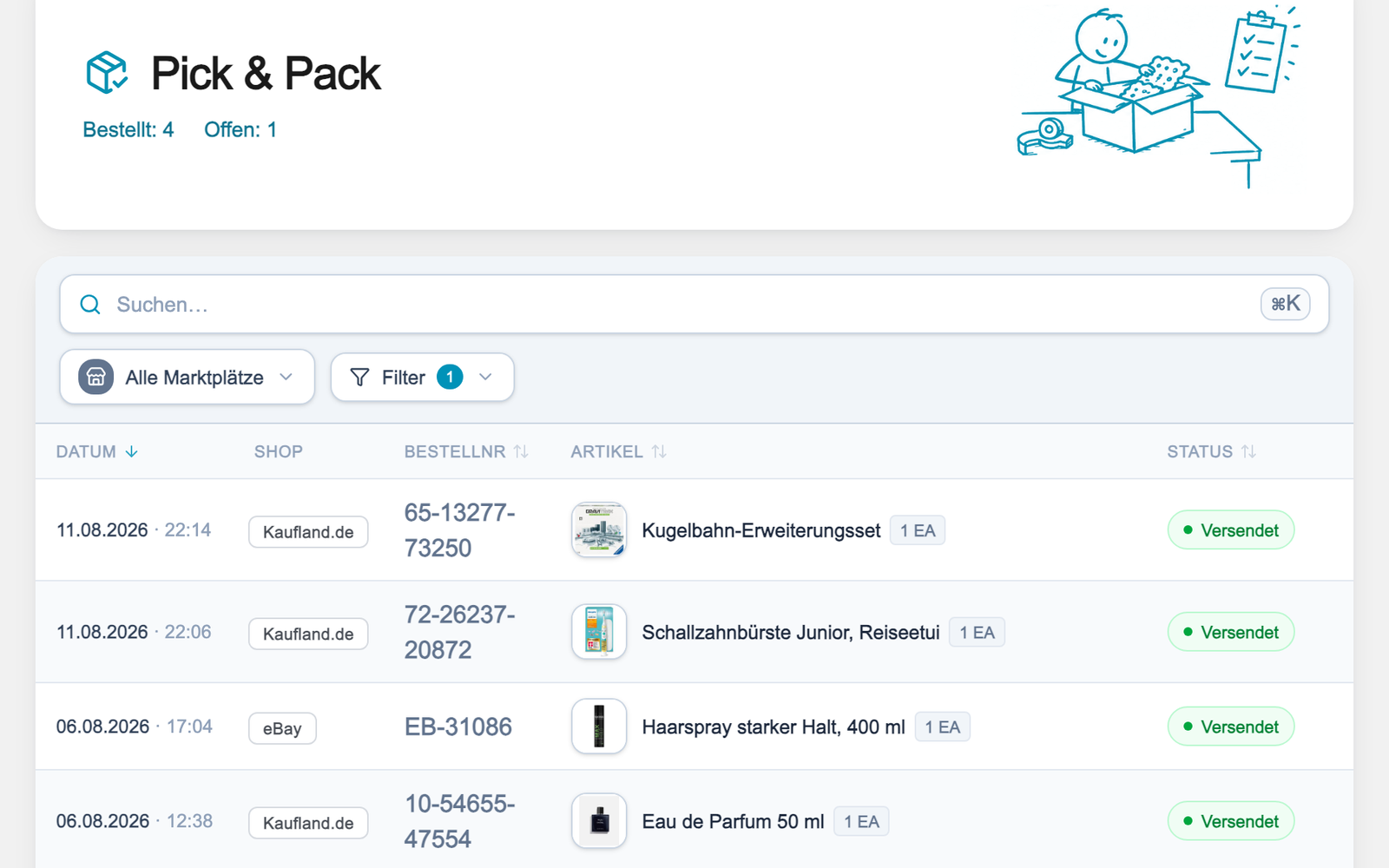 Bestellübersicht im Kundenportal mit Status je Sendung